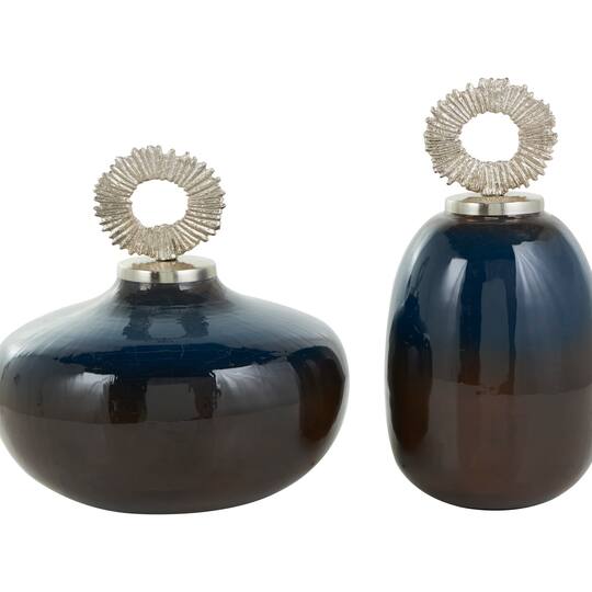 Blue Metal Ombre Decorative Jars with Brown Accents & Silver Ring Handles Set